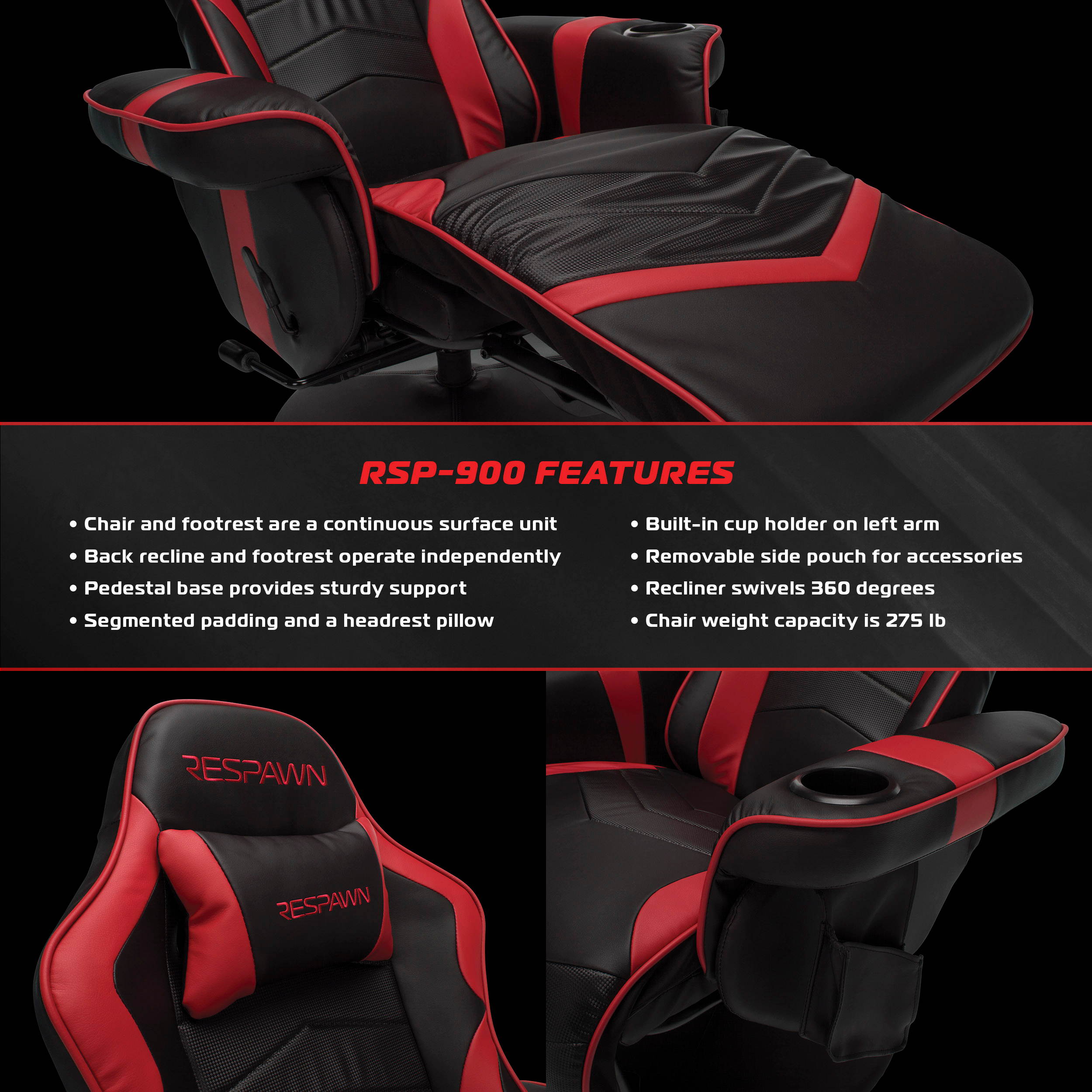 RESPAWN-900 Racing Style Gaming Recliner, Reclining Gaming Chair, in Gray (RSP-900-GRY)