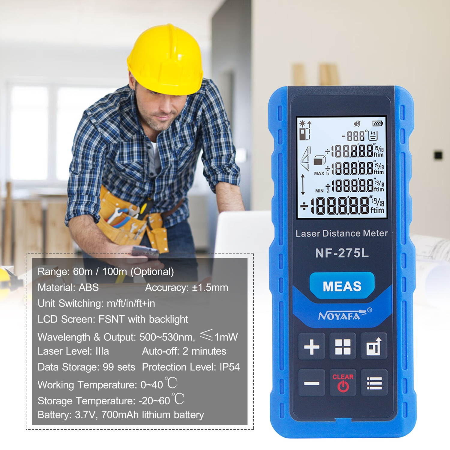 NOYAFA NF-275L Green Laser Beam Laser Distance Meter Indoor Outdoor Rechargeable Handheld Laser Range Finder Electric Distance Measuring Instrument Length/Area/Volume/Level/Vertical/Pythagorea