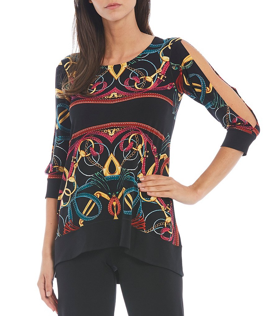 Eva Varro Mirrored Scarf Print Knit Round Neck 3/4 Slit Sleeve Hi-Low Tunic