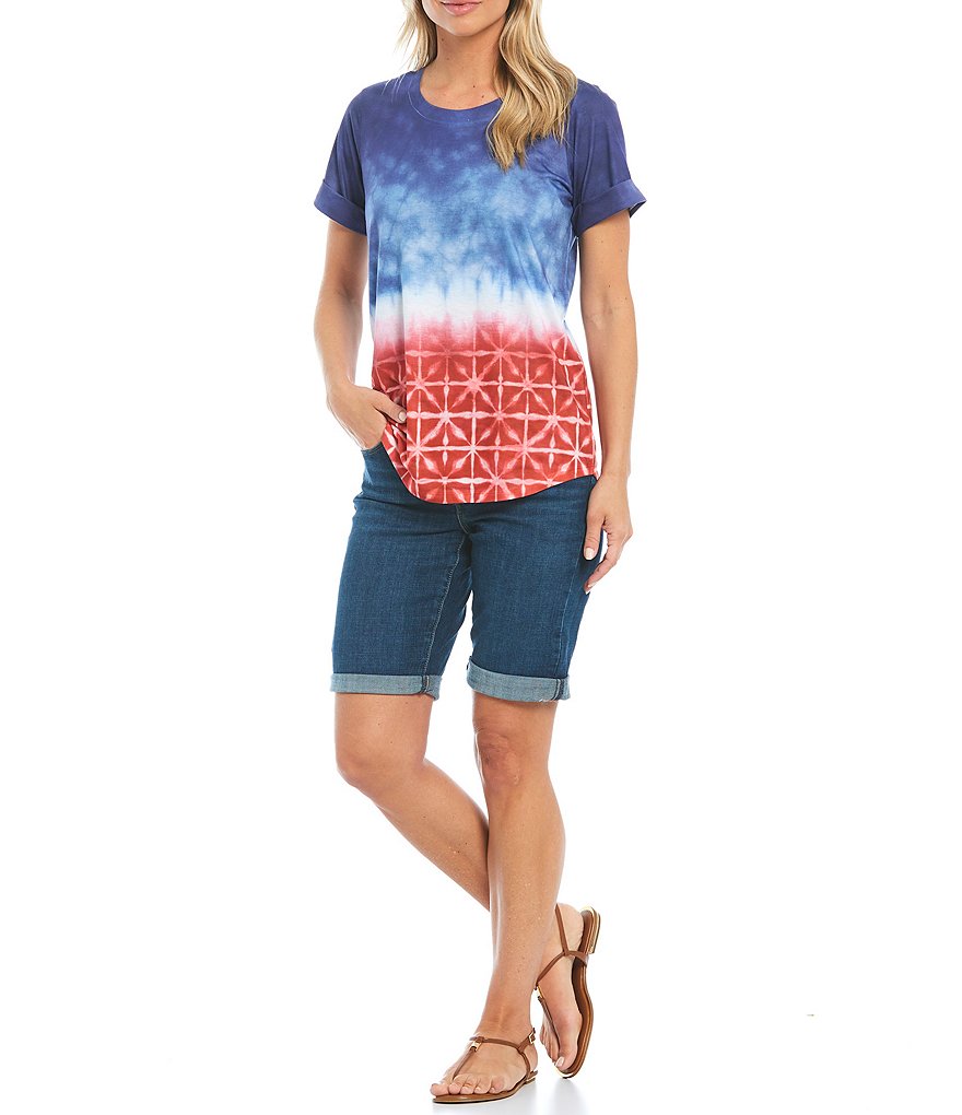 One World Apparel Sublimated Tie-Dye Mosaic Print Knit Jersey Jewel Neck Cuffed Short Sleeve Tee