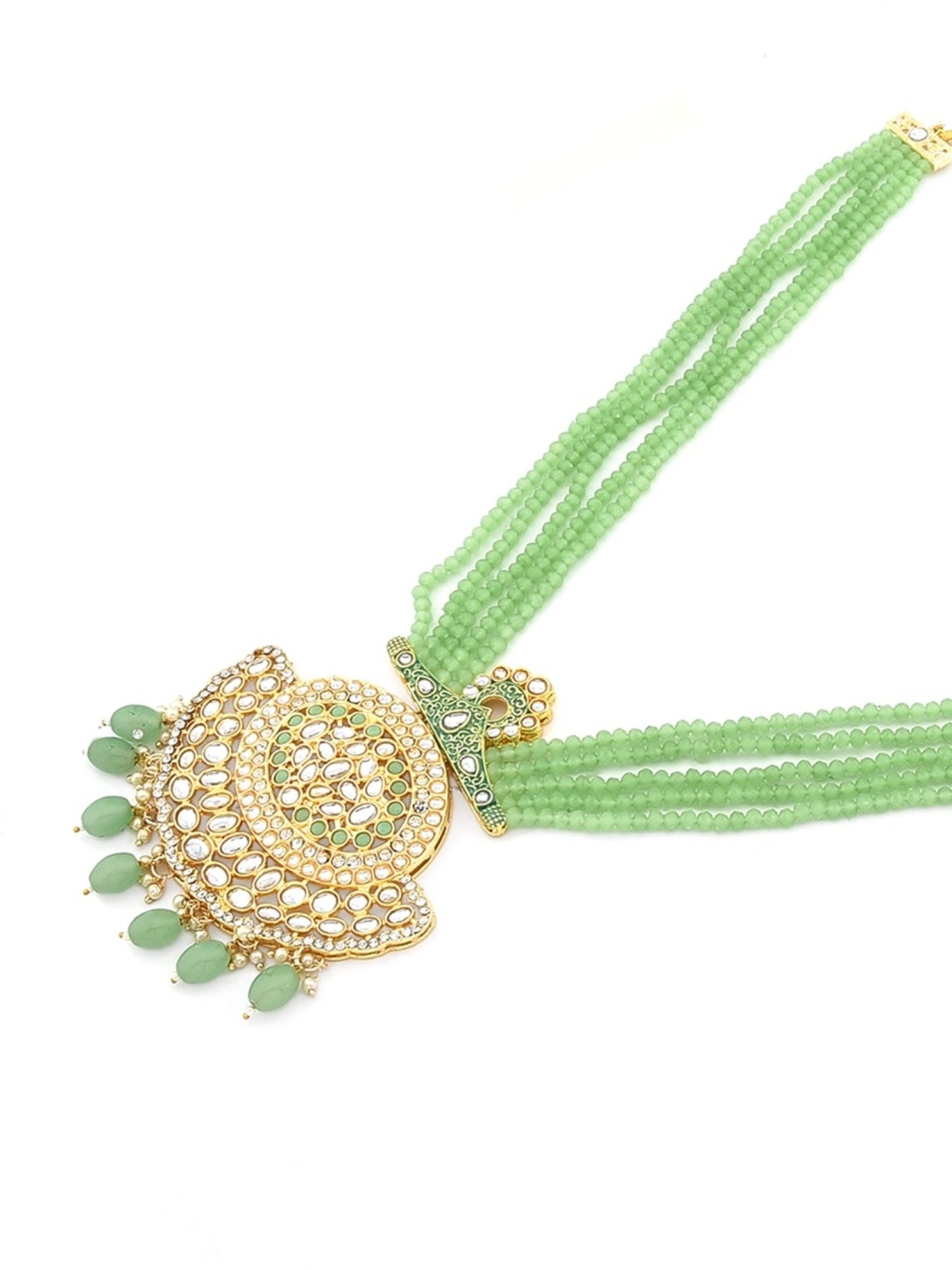 Zaveri Pearls Green Crystals Beaded Multistrand Kundan Necklace, Earring & Ring Set
