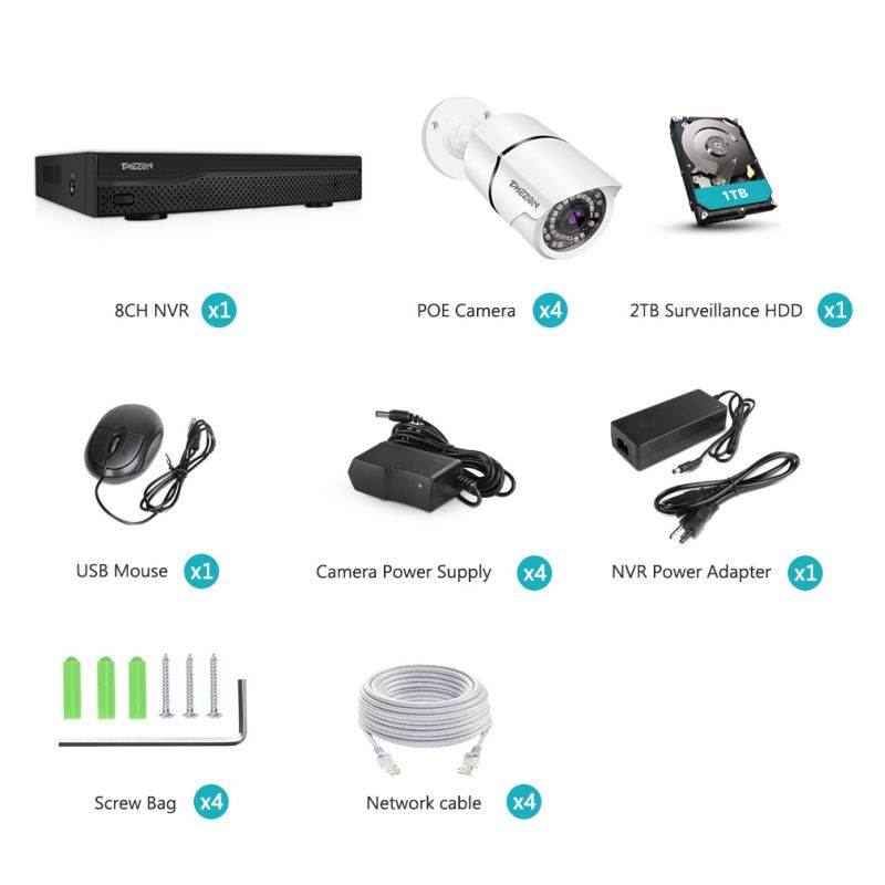 TMEZON 8CH 5MP PoE Home Security Camera System, 4pcs Wired 5MP Outdoor PoE IP Cameras, 5MP 8-Channel NVR with 1TB HDD for 24/7 Recording