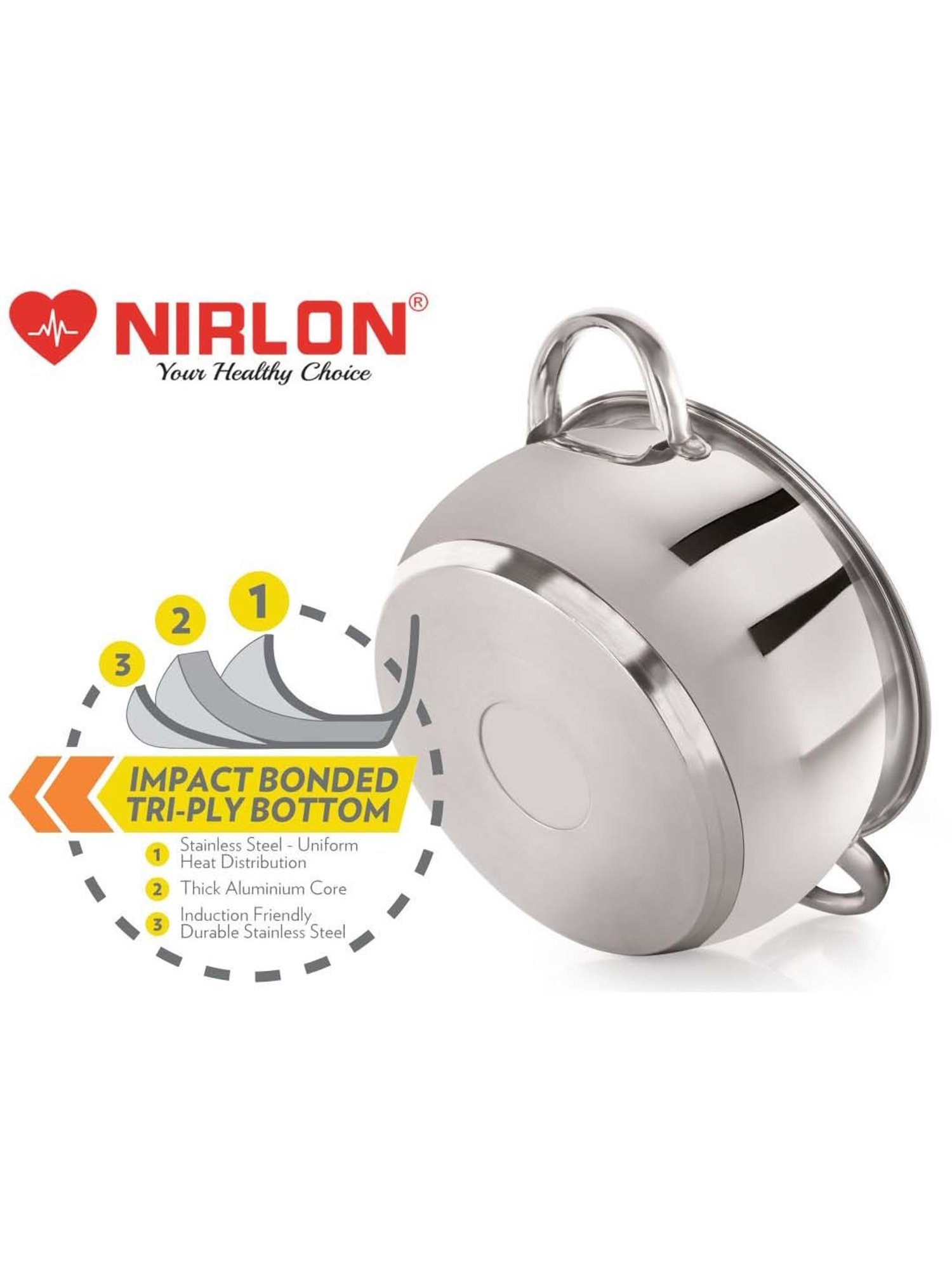 Nirlon Deluxe Series Silver Stainless Steel 20cm Induction Straight Casserole With Steel Lid (4L)