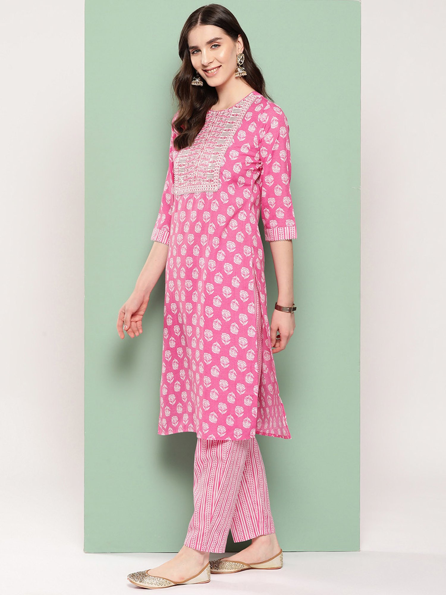 Indo Era Pink Printed Kurta With Pant & Dupatta