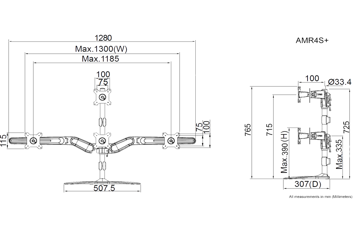 Amer Mounts Stand Base Quad One Over Three 24" Screen Mount - Black