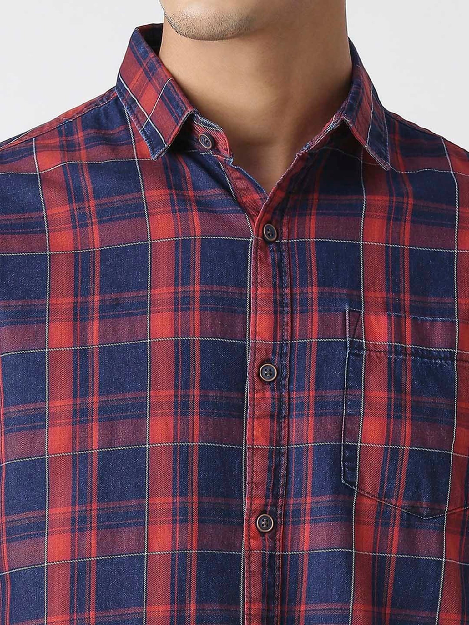 HJ HASASI Blue & Red Slim Fit Check Cotton Shirt