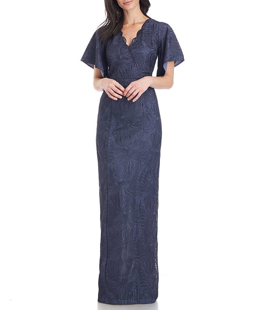 JS Collections Drina V-Neck Column Scalloped Lace Short Flutter Sleeve Gown