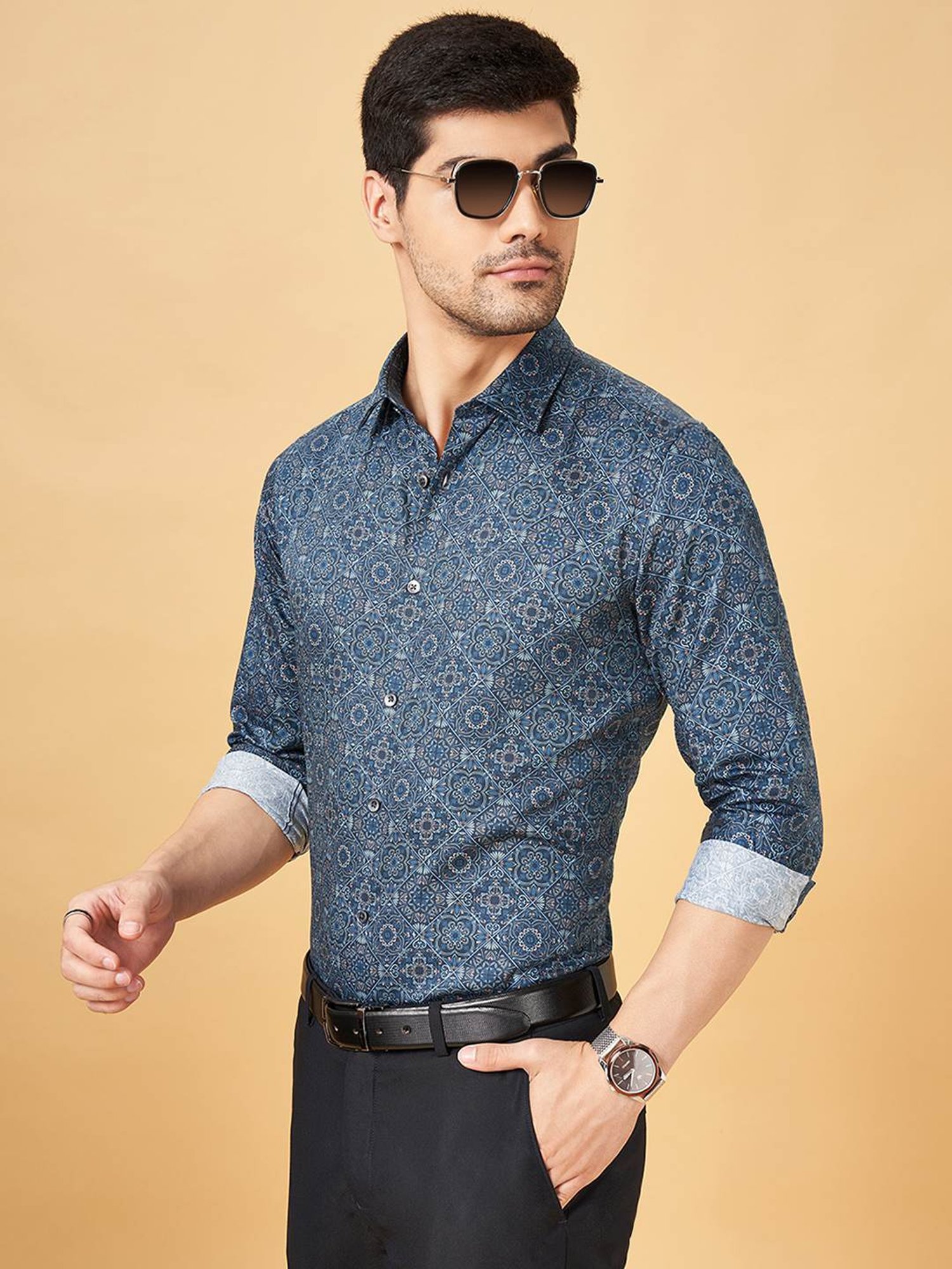 Peregrine By Pantaloons Navy Slim Fit Printed Shirt