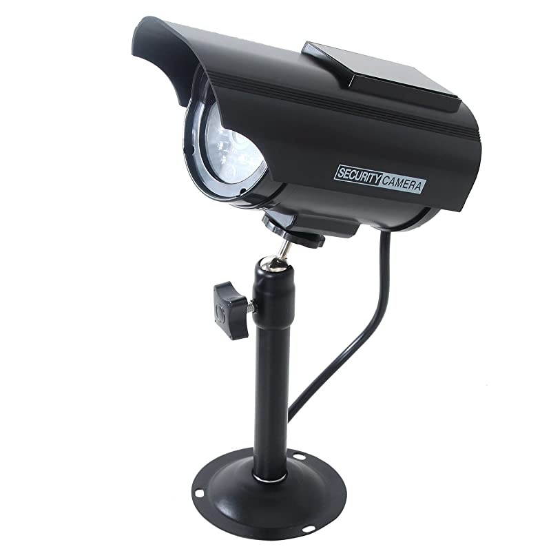 Solar Powered Bullet Dummy Fake Simulated Surveillance Security CCTV Dome Camera Indoor Outdoor with 1 LED Light, Security Alert Sticker Decal (SOLTC-B4), 4 Packs, Black