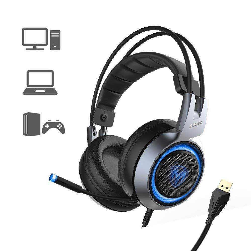 SOMIC G951 USB Plug Stereo Sound Gaming Headset for PC, PS4, Laptop, with Vibration Bass, Mic &RGB LED lights (Black)