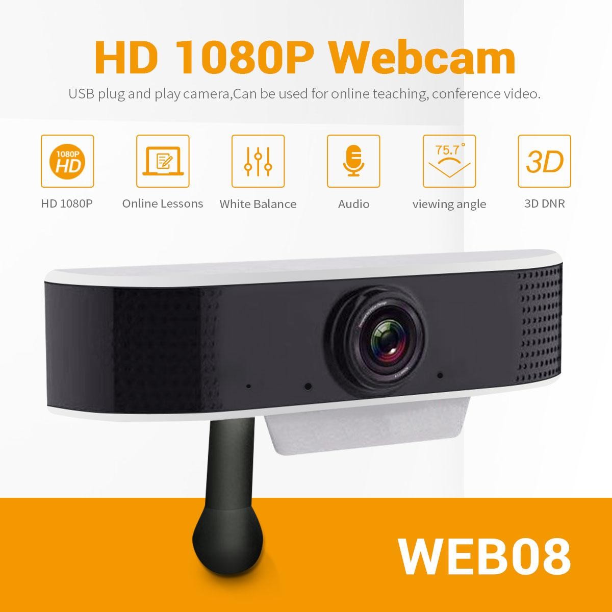 2MP Live Webcam USB Camera Online Conference Teaching Video Built-in Microphone WEB08