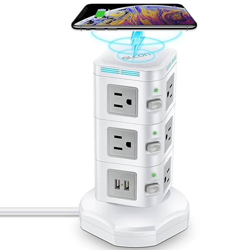 Power Strip Extension Cord with 4 USB Ports 10 Outlets  Surge Protector Power Strip Tower with Wireless Charger for iPhone Samsung Huawei Multi Outlets Plug Charging Station