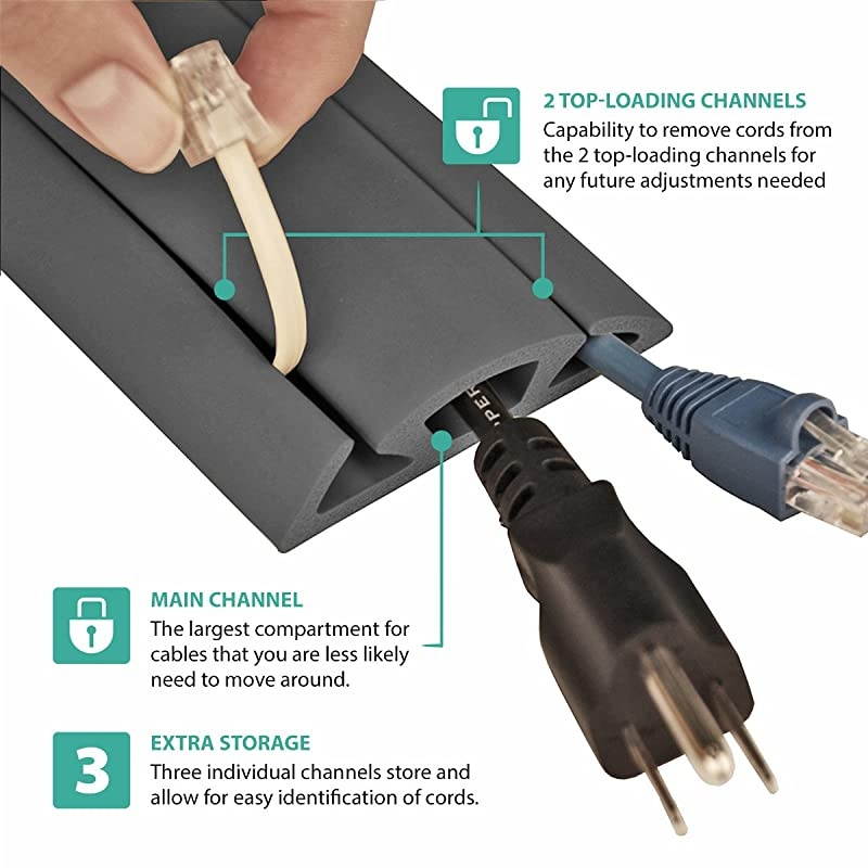 3Channel Cord Protector amp Concealer for Floor 30FT Gray