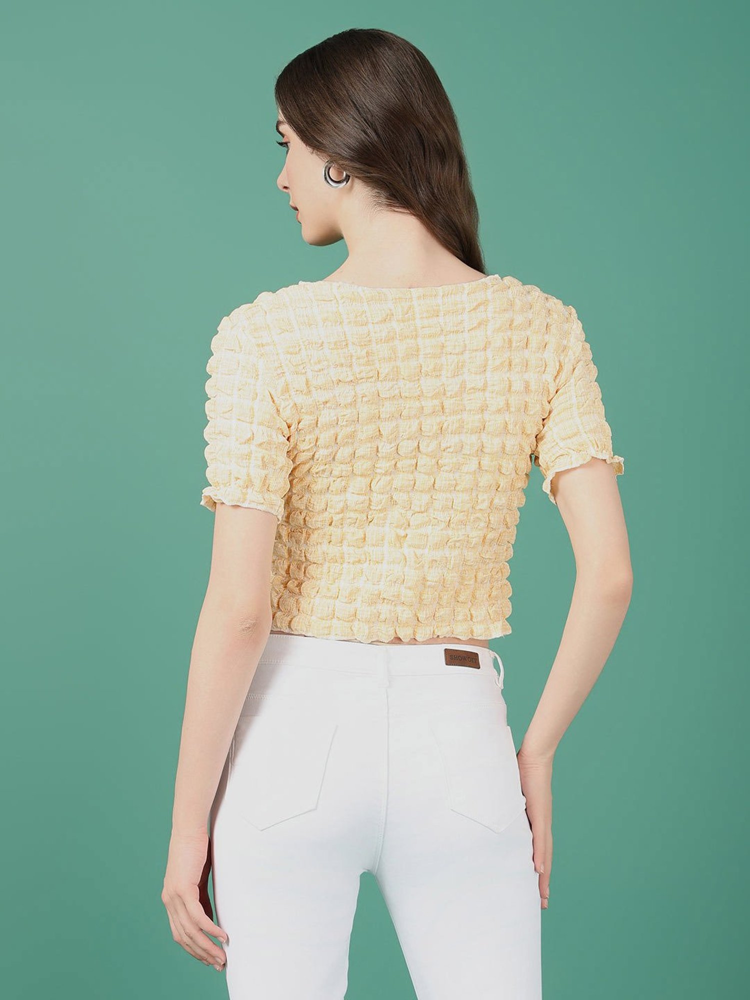 SHOWOFF Yellow Textured Crop Top