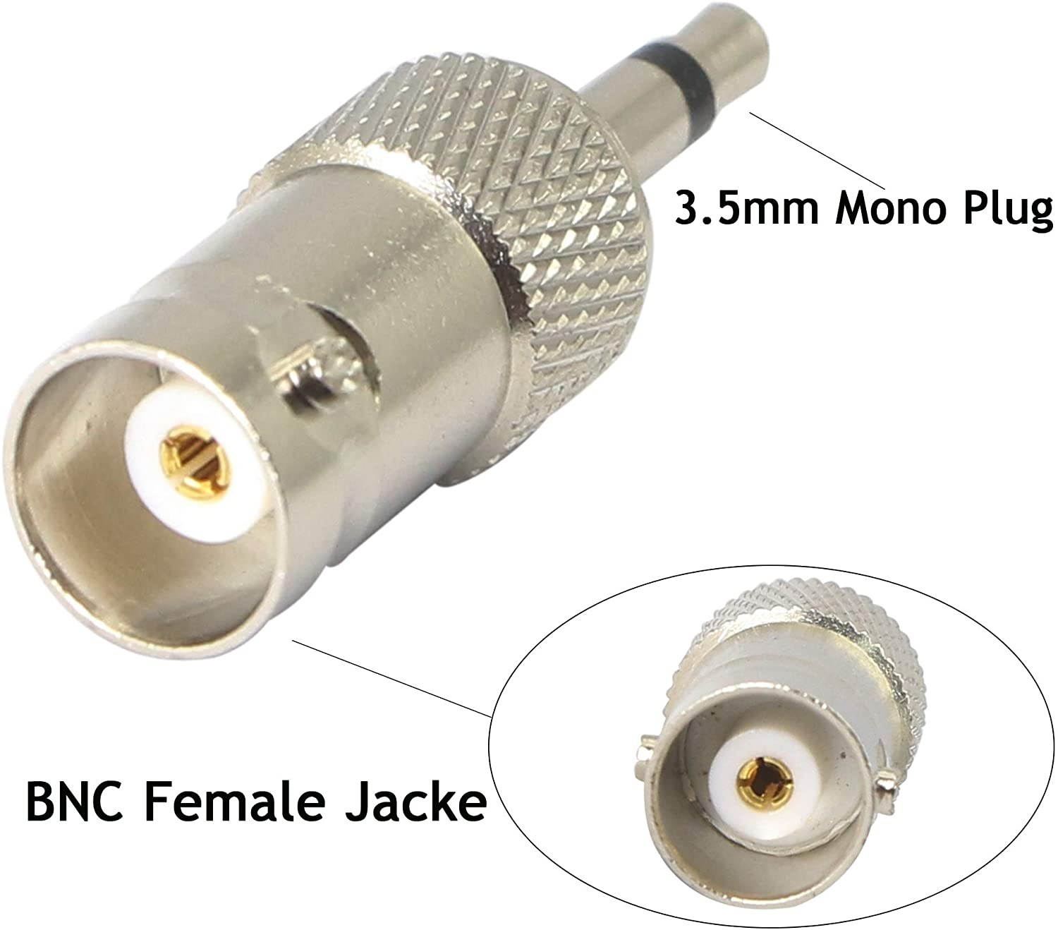 3.5mm Mono to BNC Adapter BNC Female Jack to 1/8 TS Male Plug Nickel-Pated Bidirection Connector for Antenna Radio CCTV DVR Camera and More (4 Pack)