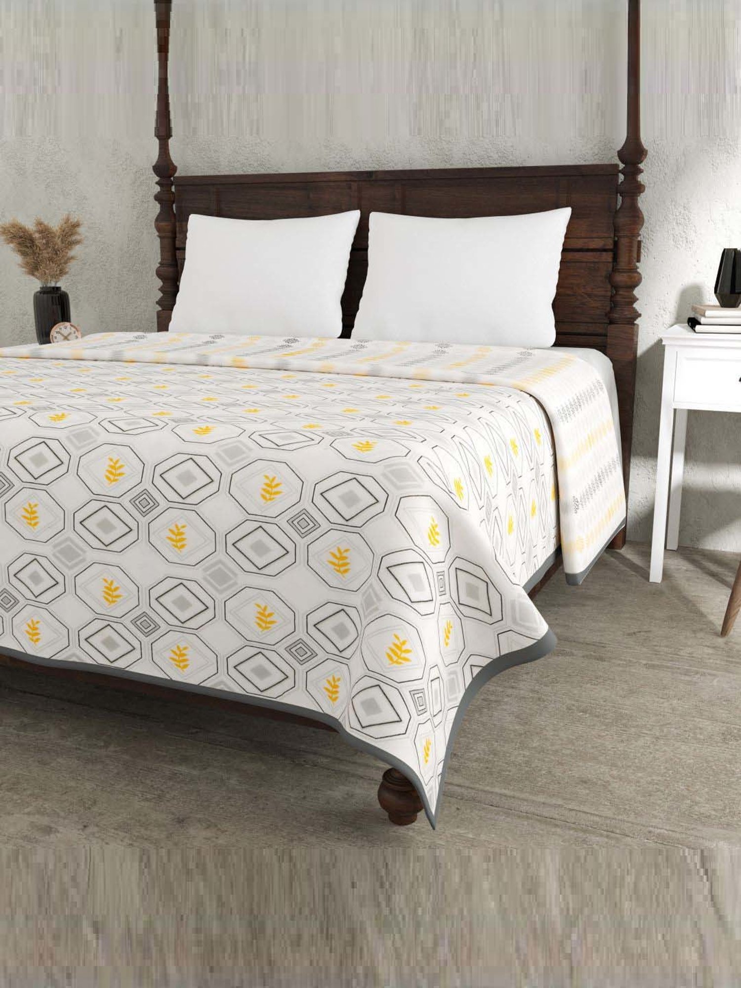 Haus & Kinder Cambric Floral Green & Yellow Cotton Single Reversible Dohar