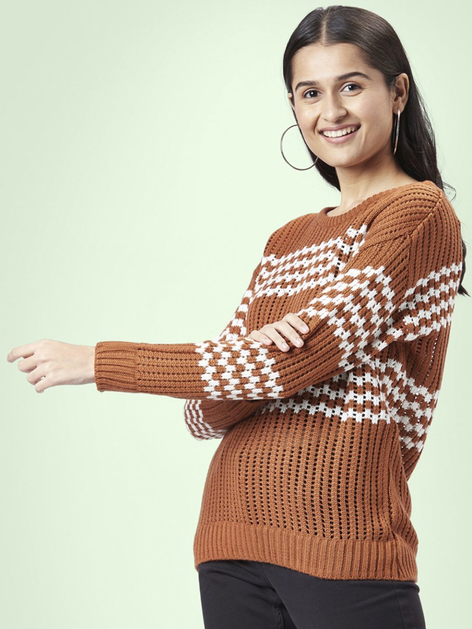 Honey by Pantaloons Brown Jacquard Pattern Sweater