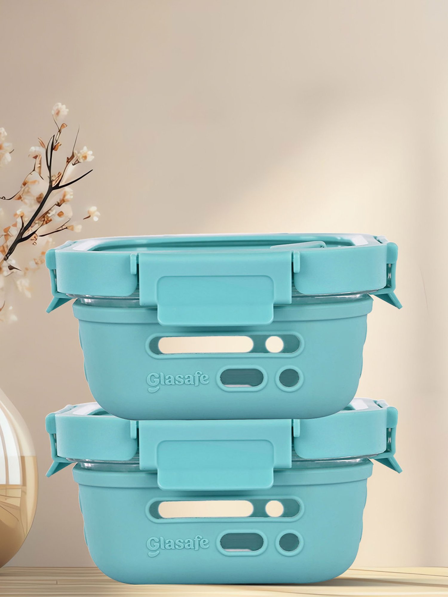 Glasafe Fresh Grip Green Borosilicate Tiffin with Protective Silicone Sleeve - Set of 2 (520ml)