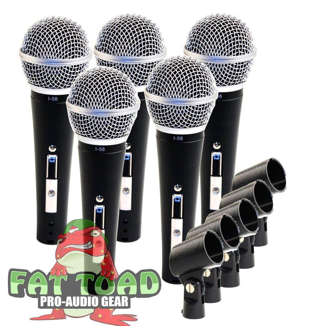 Studio Recording Microphones with Clips (5 Pack) by Fat Toad|Vocal Handheld, Unidirectional Mic|Professional Cardioid Dynamic Singing Microphone Designed for Music Stage Performances or PA DJ Karaoke