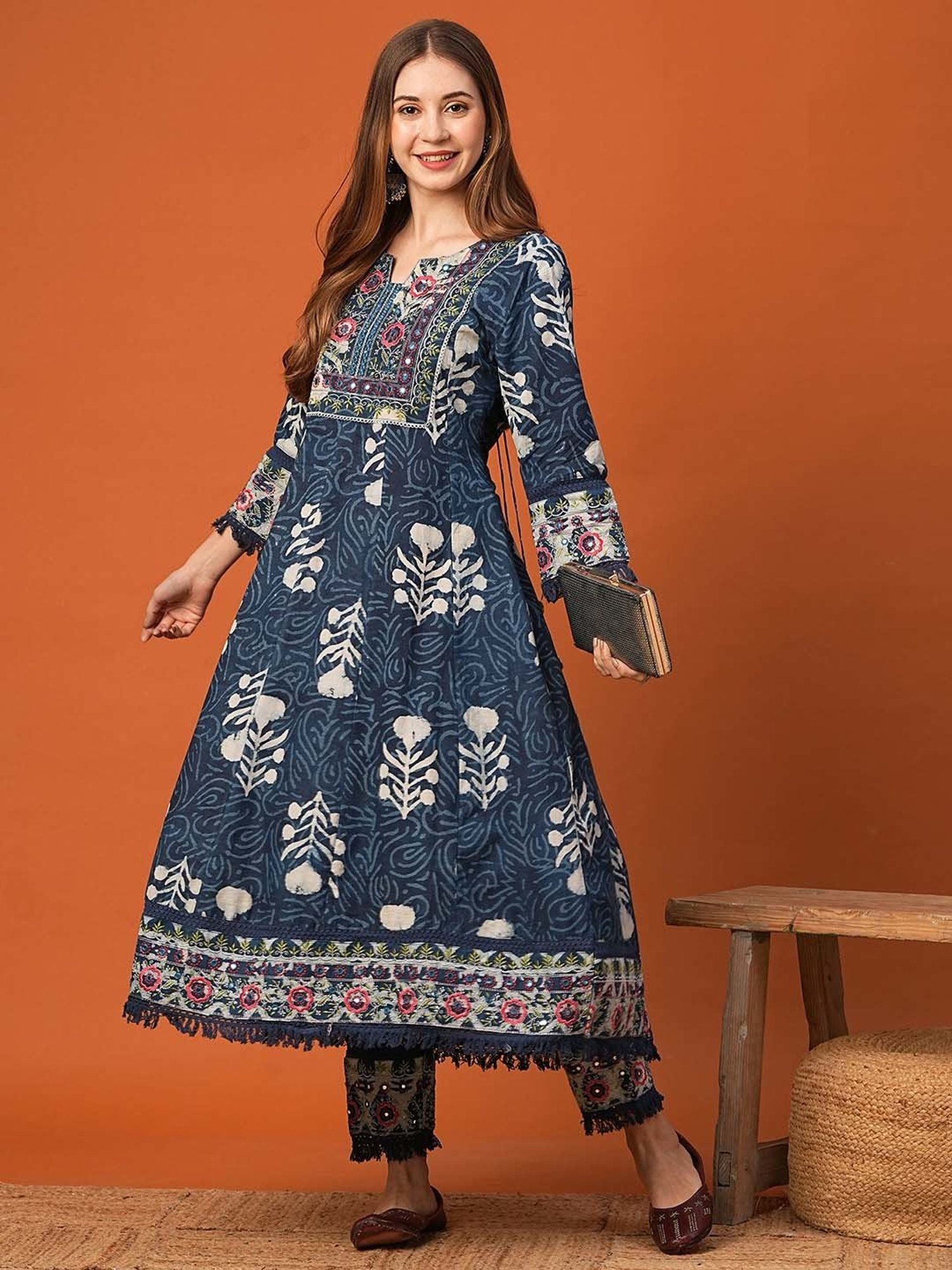 Fashor Indigo Blue Printed Kurta & Pants Set