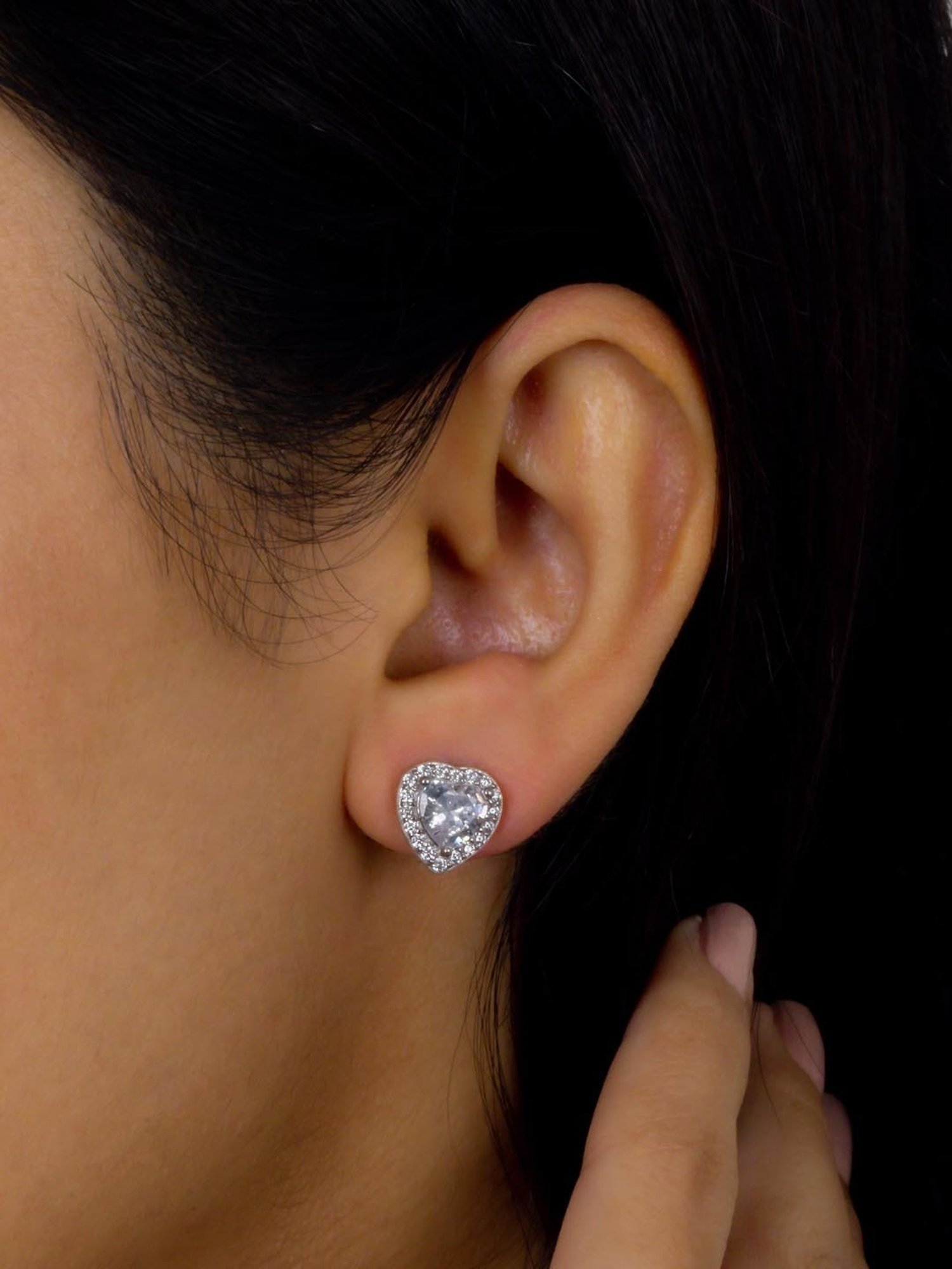 925 Silver Heart AAA Grade American Diamond Halo Studs Earrings for Women & Girls