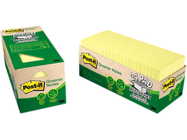 Post-it Greener Notes 654R-24CP-CY Recycled Notes, 3 x 3, Canary Yellow, 24 75-Sheet Pads/Pack