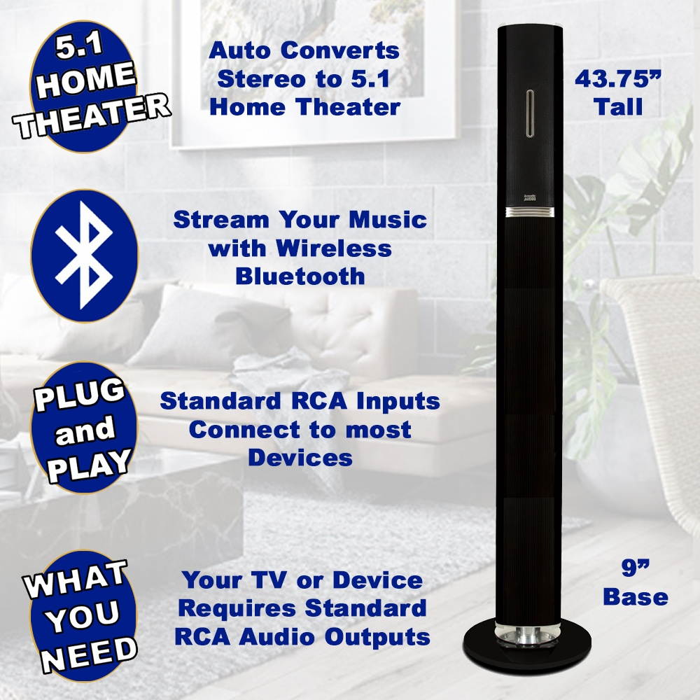 Acoustic Audio AAT1002 Bluetooth Tower 5.1 Speaker System with 2 Mics Powered Sub and 2 Extension Cables