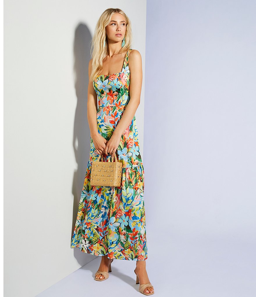 Aidan Aidan Mattox Floral Square Neck Sleeveless Printed Satin Tiered Midi Dress