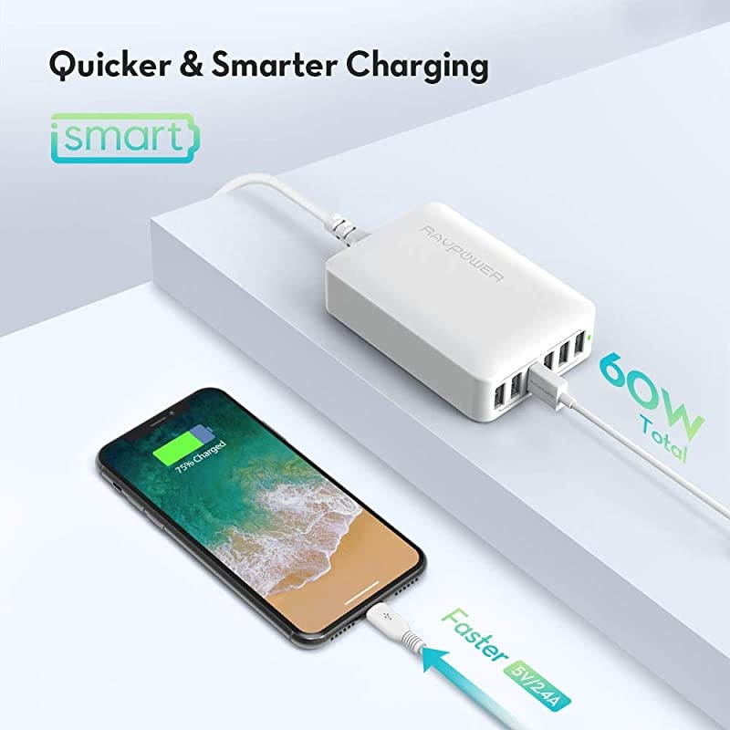 USB Charger  60W 12A 6-Port Desktop USB Charging Station with iSmart Multiple Port, Compatible iPhone 12 Mini SE 11 Pro Max XS XR X iPad Pro Air Mini Galaxy S10 Note 10 Tablet(White)