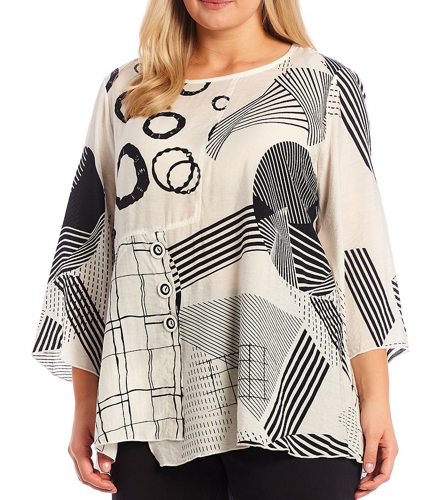 Ali Miles Plus Size Mixed Geometric Print Scoop Neck 3/4 Sleeve Tunic