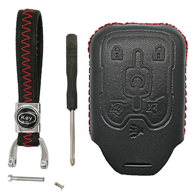Hand Sew Leather Keyless Entry Remote Key Fob Cover Case Skin Protector for 2015 2016 2017 Chevrolet Tahoe Suburban Chevy GMC Yukon GM Remote Control