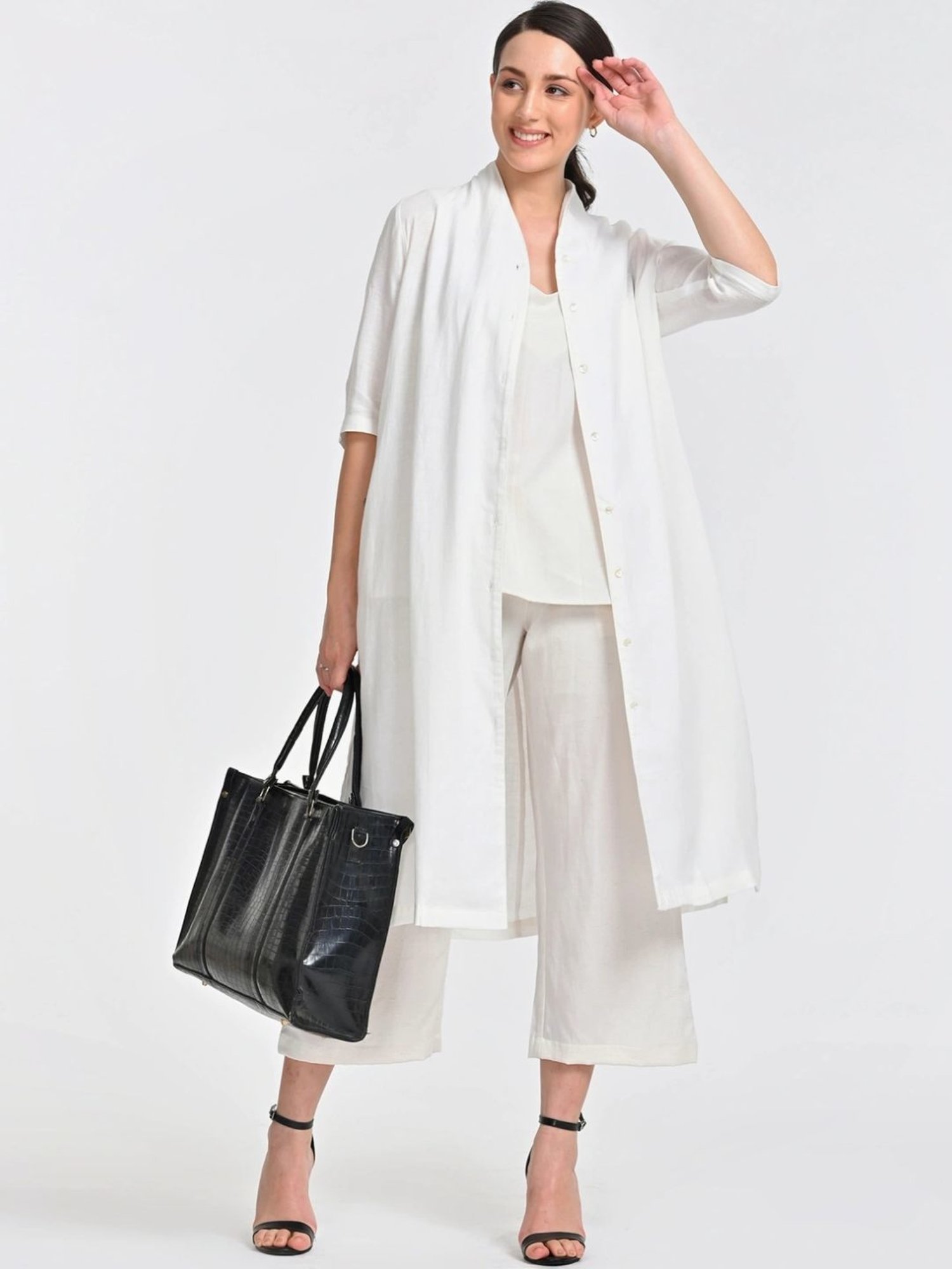 Saltpetre Cream 3 Piece Overlay Long Shirt With Top And Trousers Co-ords Set