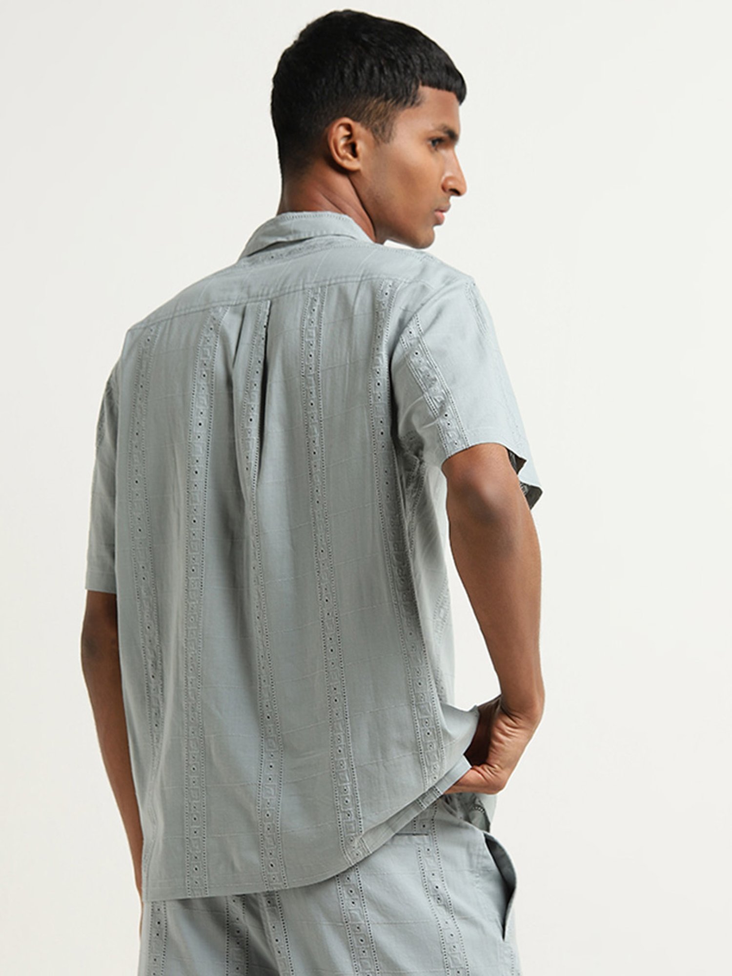 ETA by Westside Dusty Teal Schiffli Design Relaxed-Fit Cotton Shirt
