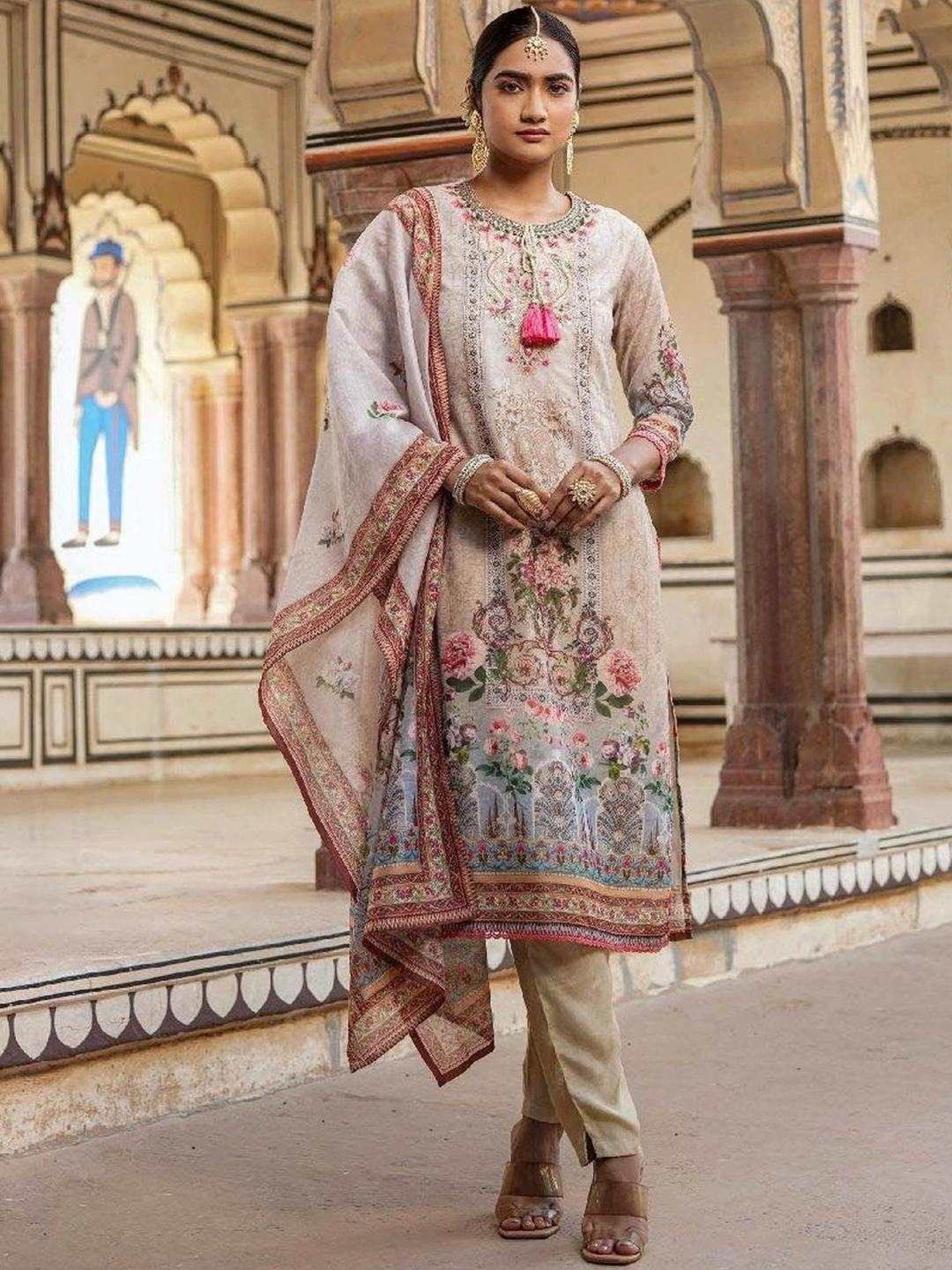 Scakhi Beige Chanderi Floral Print Pakistani Kurta and Pant With Dupatta