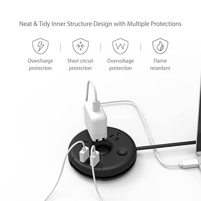 Travel Power Strip  Portable Charging Station 3 USB Without Surge Protector Short Extension Cord 15 inch Compact for Home Office Cruise Ships Business Trip Hotels Black