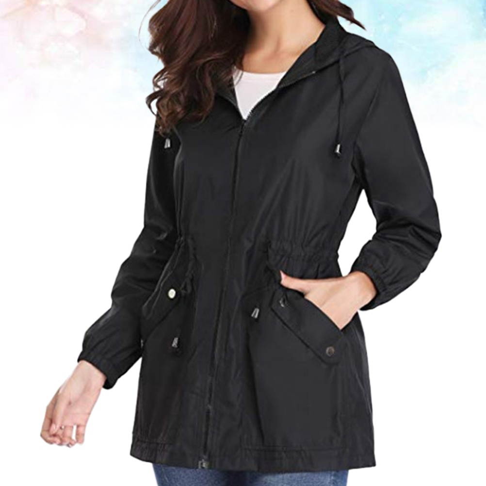 1pc Women Outdoor Hiking Waterproof Raincoat Spring Autumn Pocket Long Sleeve Casual Jackets with Zipper Outwear Coats for Girls Size S(Black)