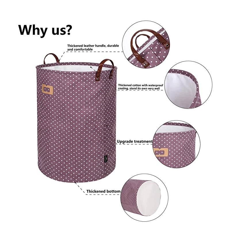 19Inches Thickened Large Laundry Basket 9 Colors with Durable Leather Handle Drawstring Waterproof Round Cotton Linen Collapsible Storage Basket Purple L