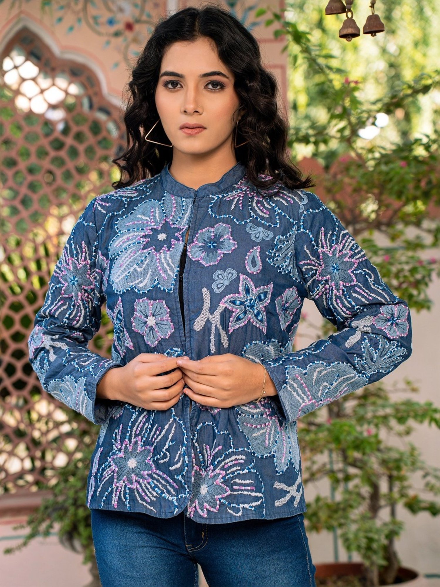 Zolo Label Blue Cotton Embroidered Jacket