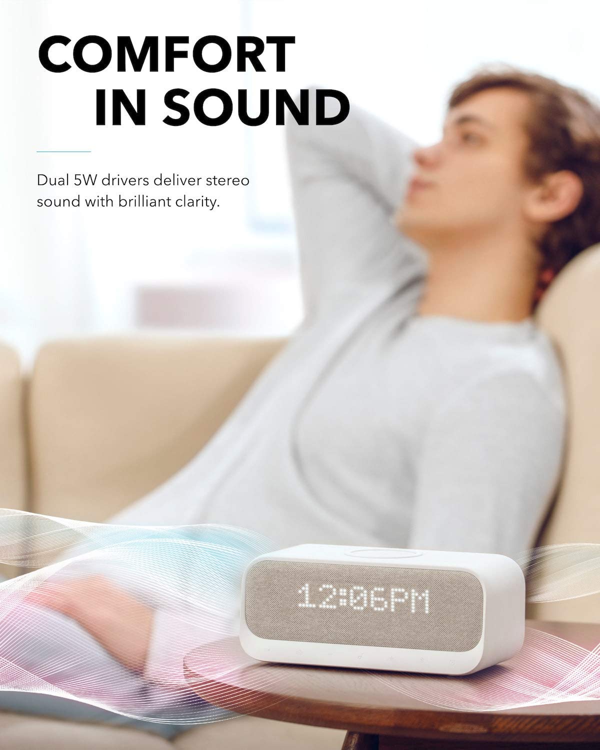 Soundcore Wakey Bluetooth Speaker Powered by Anker, Alarm Clock, Stereo Sound, FM Radio, White Noise, Qi Wireless Charger with 7.5W Charging for iPhone and 10W for Samsung