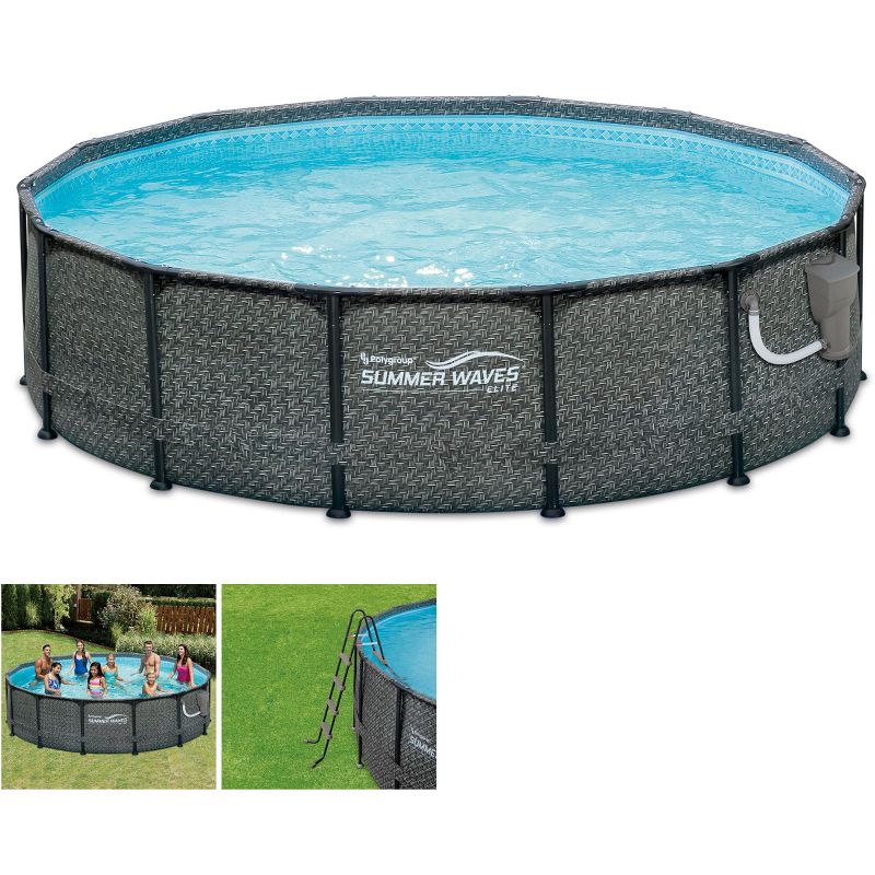 Summer Waves P2001448E14ft x 48in Outdoor Round Frame Above Ground Swimming Pool Set with Ladder, Skimmer Filter Pump, and Filter Cartridge, Gray