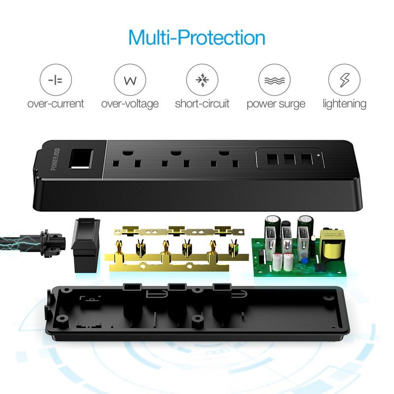 Poweradd 300J 3 Outlet Power Strip Surge Protector 3 USB Charging Ports with 5ft Heavy Duty Power Extension Cord 1250W/10A, Black