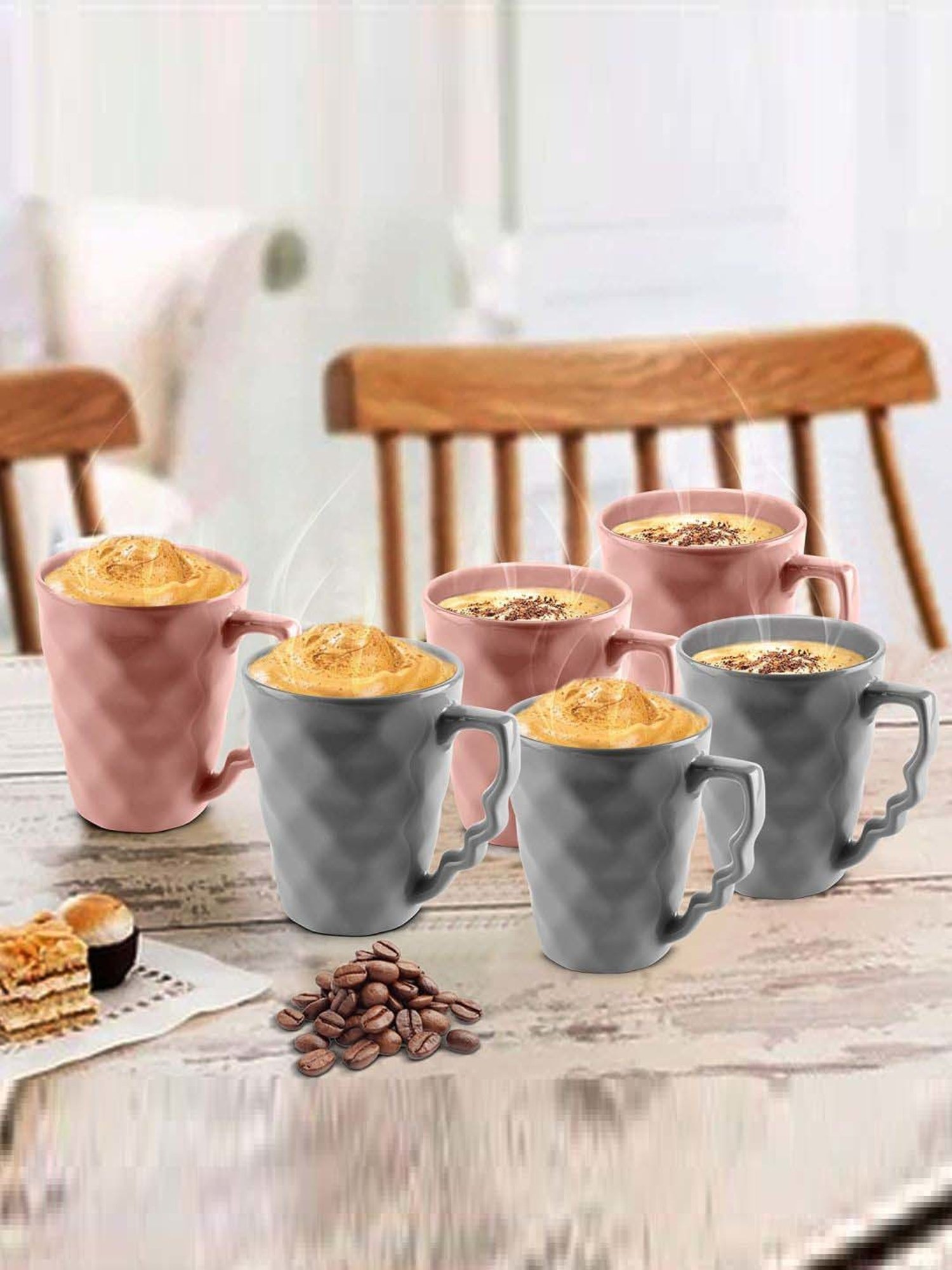 Urban Chef Pink & Grey Ceramic Microwave Safe Coffee Mug (0.225 L) - Set of 6
