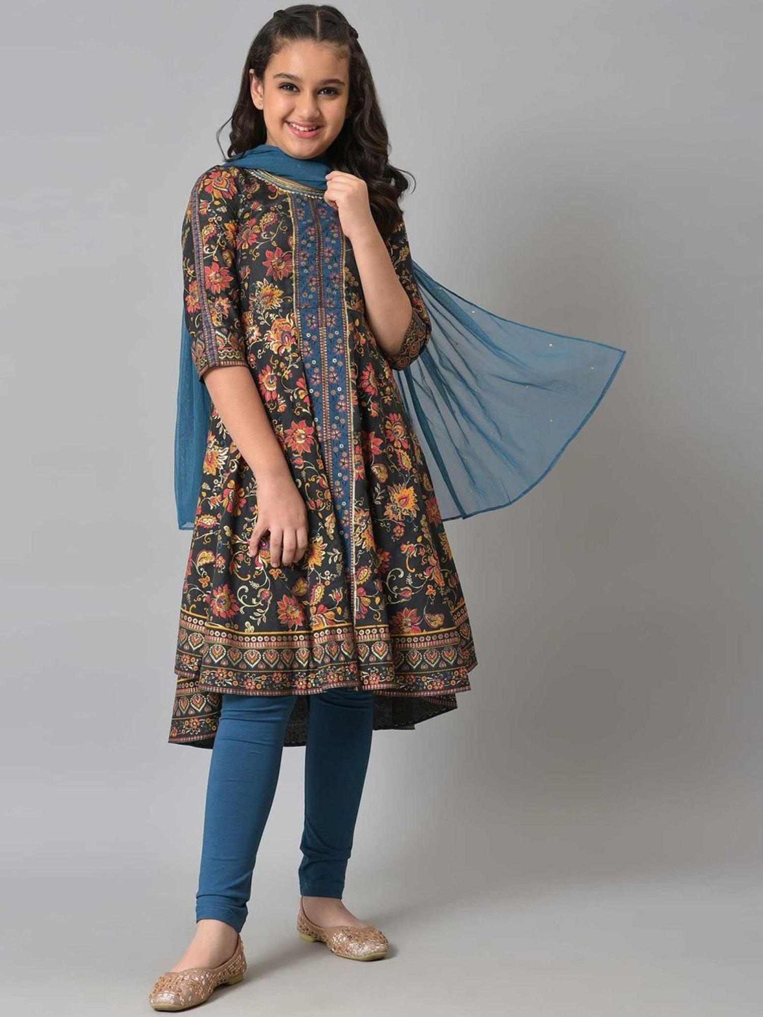 Aurelia Kids Black & Blue Floral Print Kurta Set