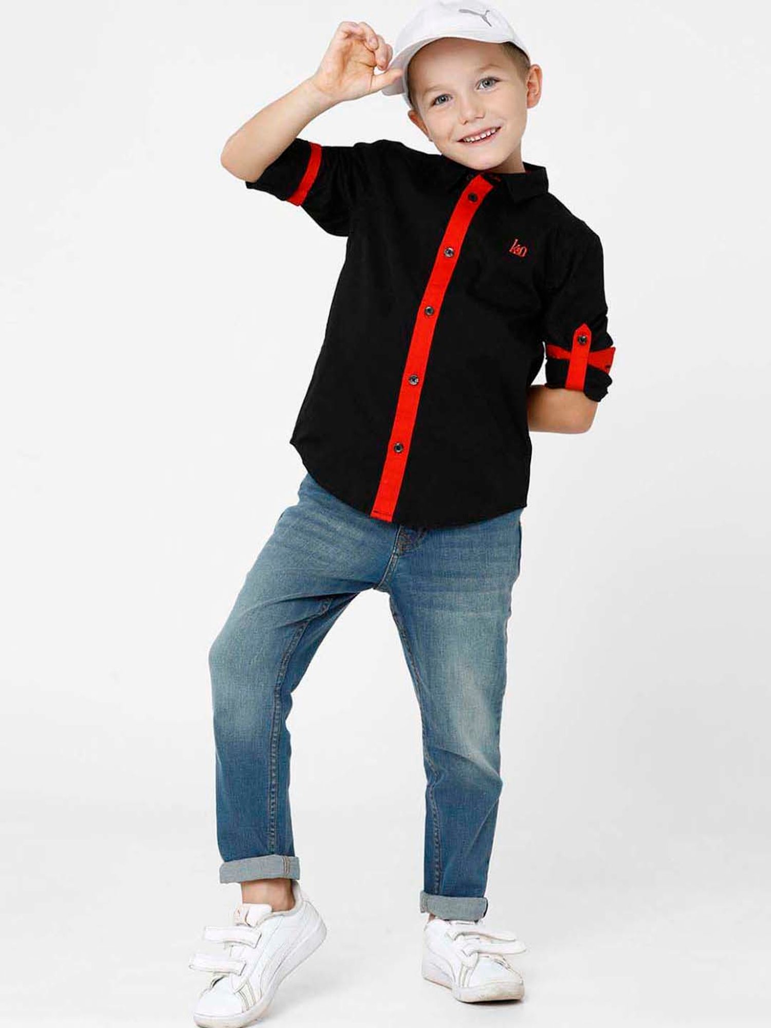 Kate & Oscar Kids Black & Red Cotton Embroidered Full Sleeves Shirt