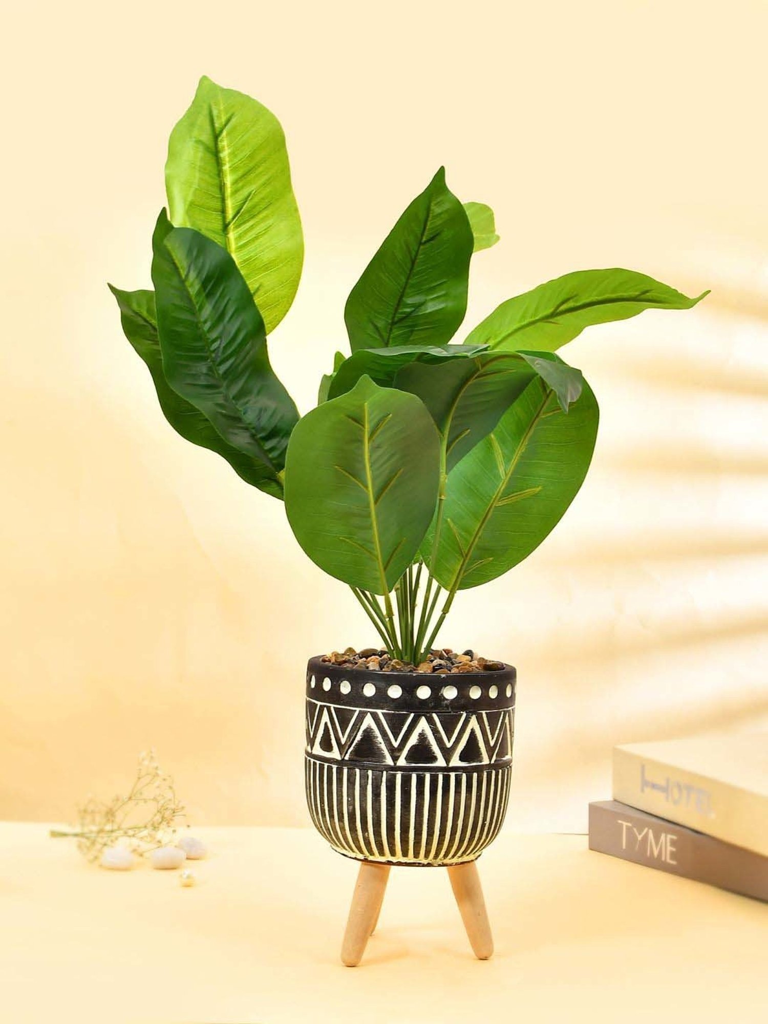Tayhaa Black & Green Ceramic Faux Leaf Plant With Tribal Planter