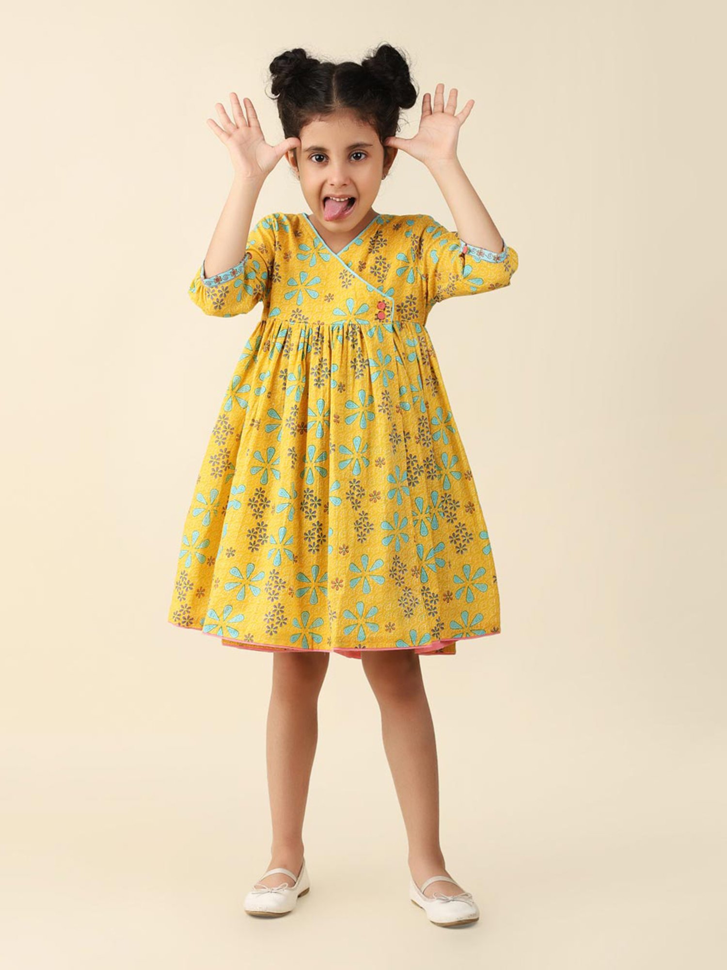 Fabindia Kids Yellow Floral Print Dress
