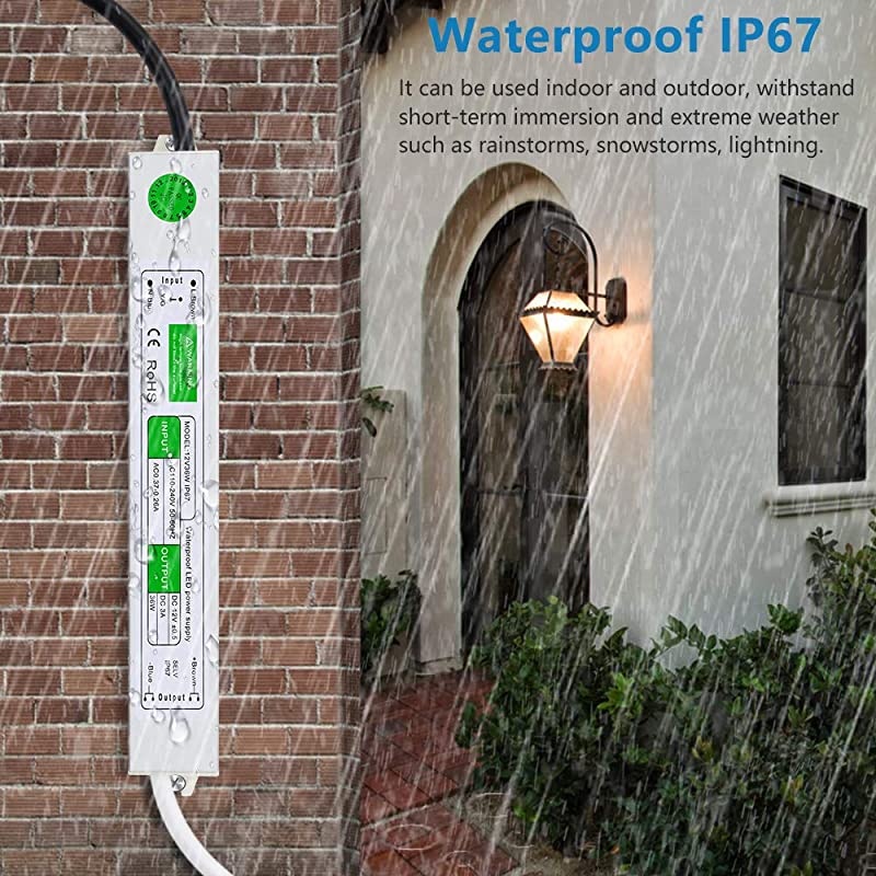 LED Driver 36W Waterproof IP67 12V 3A Power Supply Adapter Transformer AC 110~260V to DC 12 Volt 3 Amp 36 Watt Converter for Outdoor LED Lighting LED Strip Module Street Lights CCTV Camera