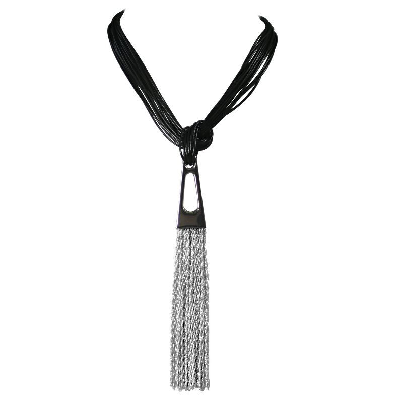 Zirconite Multi-Strand Leather with Geometrical Metal Design Tassel Necklace - 20" - Black/Silver