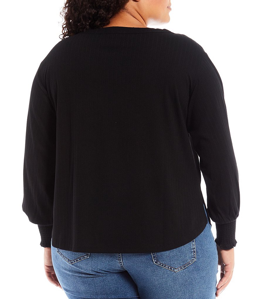 Jessica Simpson Plus Size Veera Smocked Cuff Round Neck Long Blouson Sleeve Top