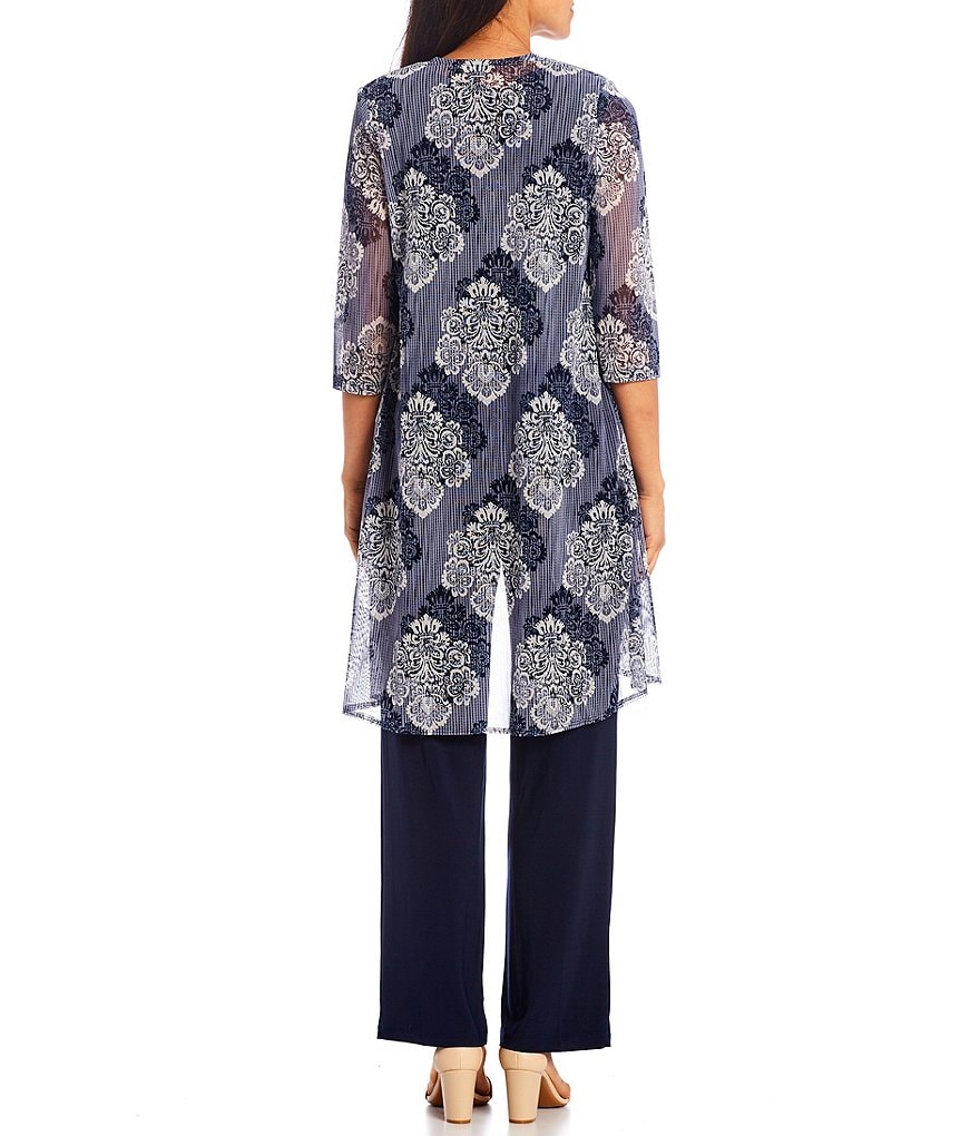 R & M Richards Printed Flyaway Duster Mesh Jewel Neck 3/4 Sleeve Knit 3-Piece Pantsuit